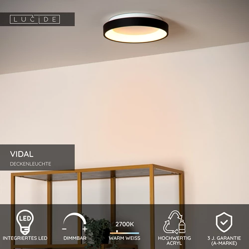 Lucide VIDAL - Deckenleuchte - Ø 28 cm - LED Dim. - 1x20W 2700K - Schwarz - USP